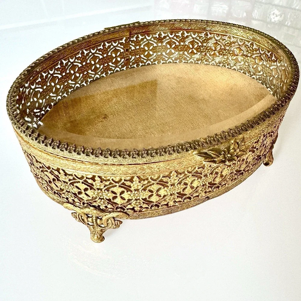 VTG Hollywood Regency Jewelry Box Ormolu Casket Gold Filigree Glass Oval Velvet